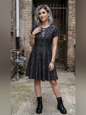 Coquette Grunge Silver Rose Jacquard Flare Dress Shimmer Whimsigoth Small